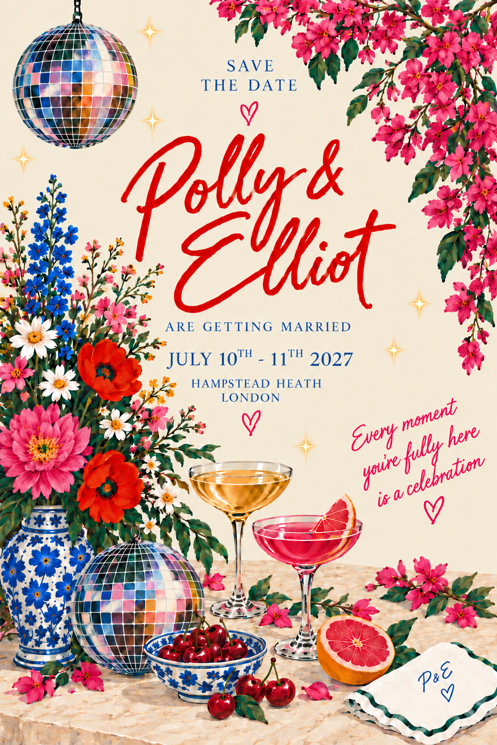 Save the date. Polly ed Elliot si sposano, 10 e 11 luglio 2027, Hampstead Heath, Londra.